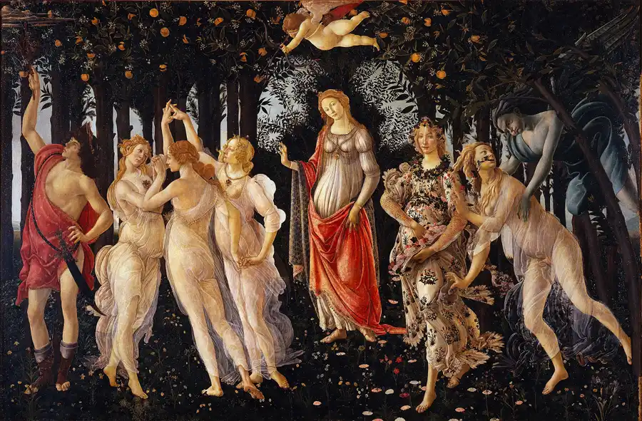 Primavera (Botticelli) một bức tranh bảng lớn bằng sơn tempera của họa sĩ người Ý thời Phục hưng Sandro Botticelli được thực hiện vào cuối những năm 1470 (ảnh: wiki)