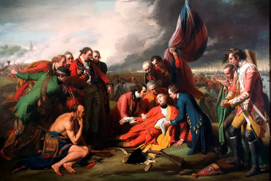 Death of General Wolfe (1770) - Cái chết của Tướng Wolfe là bức tranh vẽ năm 1770 của họa sĩ Anh-Mỹ Benjamin West, kỷ niệm Trận chiến Quebec năm 1759, nơi Tướng James Wolfe hy sinh ngay lúc chiến thắng. (ảnh: wiki)